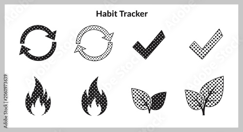 Hand drawn habit tracker icons set with nature and cycle motifs