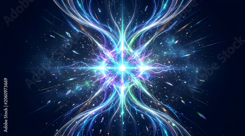 Abstract cosmic energy explosion with glowing blue and green light rays on a dark background
