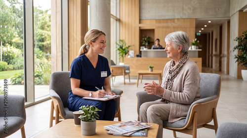 Caregiver interacting with elderly woman in a bright, modern assisted living facility lounge