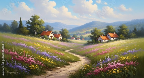 Idyllic Countryside Landscape Painting with Rolling Hills and Wildflowers.