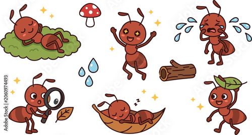 Vector cartoon collection of cute ant characters showing various emotions and activities including sleeping on leaf crying jumping with joy and looking through magnifying glass
