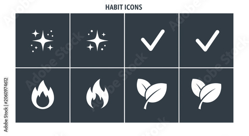 Minimalist habit tracker icons set including sparkle fire and leaf checkmarks