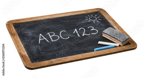 School classroom blackboard with ABC and 123 written in chalk, educational concept, wooden frame, learning and teaching theme, clean composition, realistic lighting, high resolution stock photo