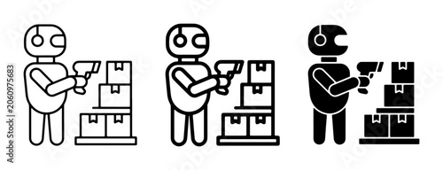 Foto Robot Warehouse Worker Scanning Boxes, Automation Logistics Icons, Industrial Te