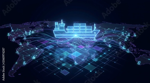 Glowing holographic cargo ship sailing over a digital world map representing global maritime logistics and trade.