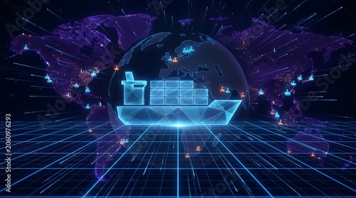 Glowing digital cargo ship hologram floating above an illuminated earth globe displaying global shipping networks.