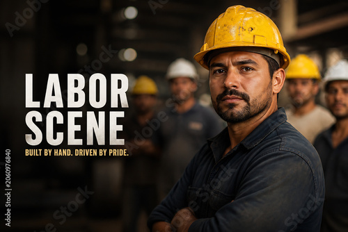 A construction worker in a yellow hard hat looks at the camera amidst other workers on a job site.