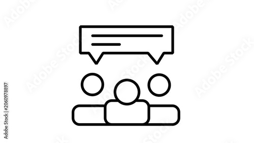 Team Audience Seminar Chat Animated Icon. Animated line icon of an audience looking up at a presentation speech bubble representing collective brainstorming or group training.