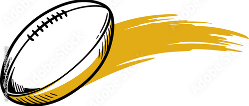 rugby ball, yellow brush stroke motion, sports game element, hand drawn vector illustration on transparent background sketch