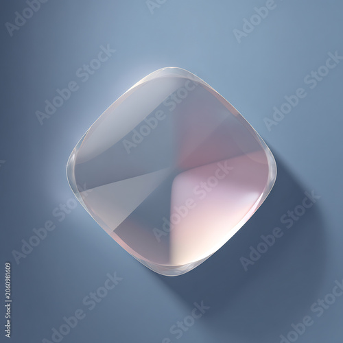 Clear glass rounded square crystal with light reflections 3D rendered