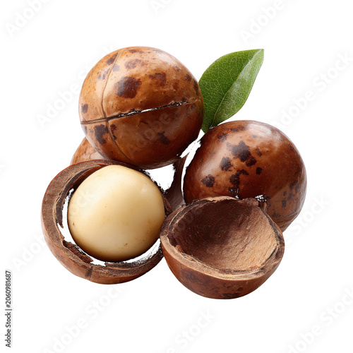 Macadamia Nuts With One Open Shell And Leaf food snack isolated on a transparent background