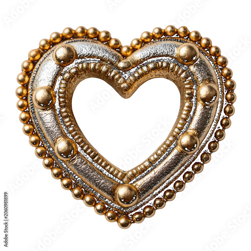 Ornate Gold and Silver Heart Shaped Brooch with Pearl Border Keywords: heart, love, romance, jewelry isolated on a transparent background