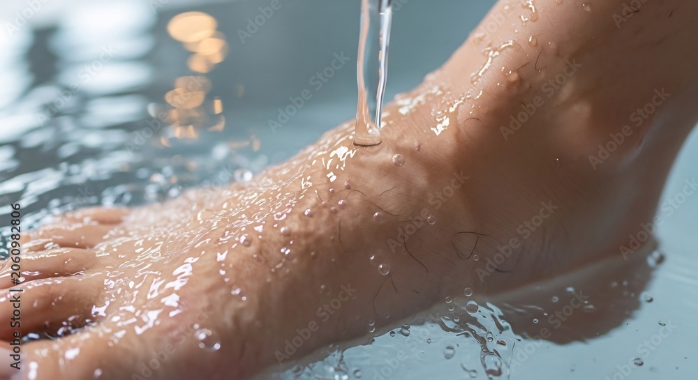 Fototapeta premium Closeup of a foot being washed under running water