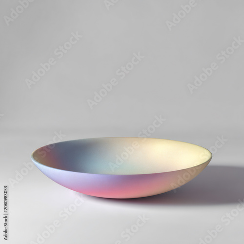 Empty ceramic bowl with vibrant iridescent color gradients 3D rendered
