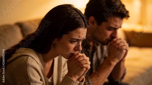 Couple sitting together in deep worry and emotional distress, expressing anxiety, financial problems, relationship tension, or difficult life decisions.