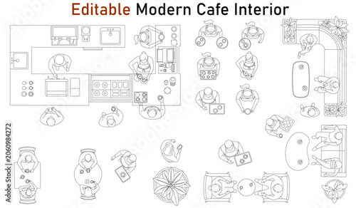 Cafe and Restaurant  interior Architectural Drawing Furniture, Baristas, Diners Kitchen Staff and Interior Top View Layout Elements, CAD Human Figures Vector Collection Floor Plan 