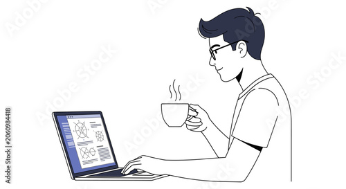 Focused young man in glasses working on laptop, sipping coffee. Remote worker, student, or freelancer engaged in online tasks. Modern minimalist illustration.