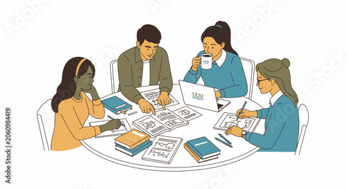 Illustration of a diverse group of young adults collaborating around a table, discussing ideas, taking notes, and working on a project.