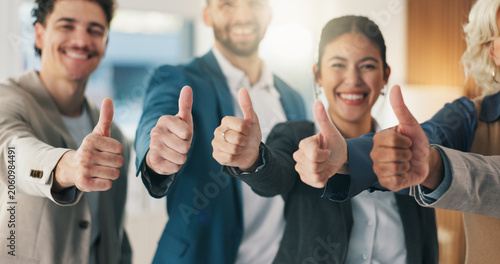 Foto Thumbs up, success and business people in office for teamwork, collaboration and approval