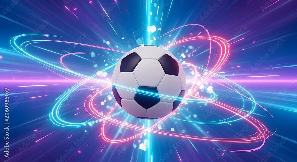 Fototapeta premium Vibrant Soccer Ball Emits Light Trails in Digital Environment Closeup