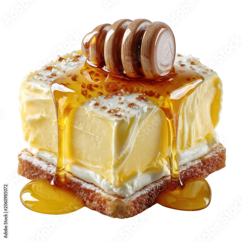 Stacked Butter Slices with Honey Drizzle and Wooden Dipper toast isolated on a transparent background