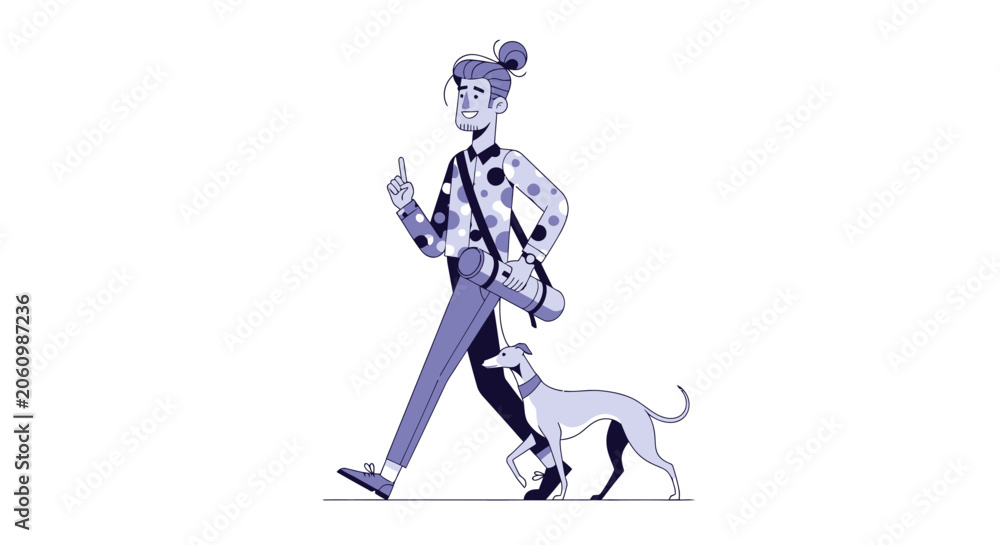 Fototapeta premium Woman walking her small dog on a leash.