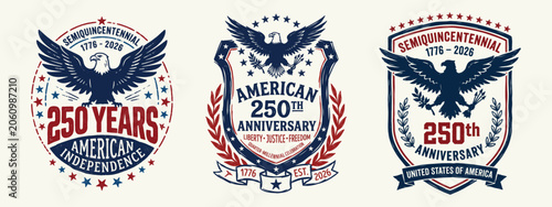 American semiquincentennial badge set with vintage eagle emblems for patriotic anniversary events