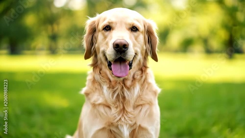 Golden Retriever sitting in the park, cute moments of Golden Retriever outdoors