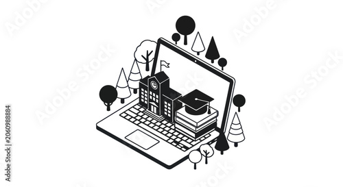 Isometric Online Education Laptop Vector Illustration