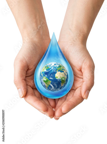 Hands holding Earth globe in water drop, transparent background