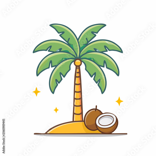 Cartoon Palm Tree and Coconuts on a Small Island