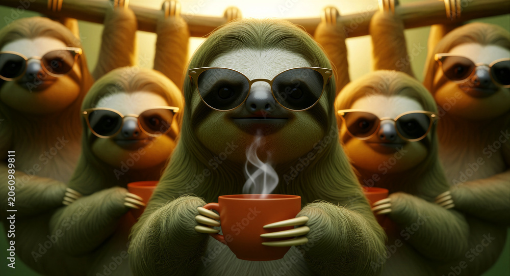 Obraz premium A group of cool sloths wearing stylish sunglasses and holding steaming coffee cups while hanging. Anthropomorphic characters smiling and relaxing. Humorous morning routine and work-life balance.