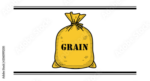 Yellow Grain Sack with Tied Top, Agricultural Product Packaging, Rural Farming Concept