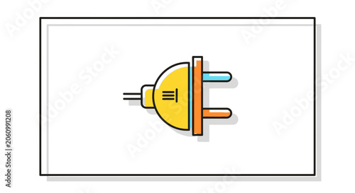 Yellow electrical plug with blue and orange pins on white background, vector illustration
