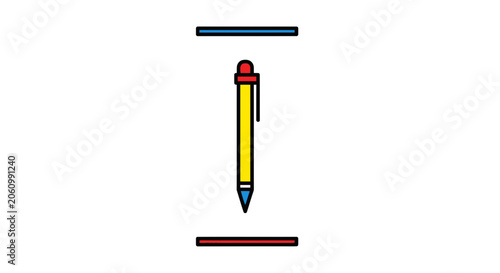 Yellow Pencil with Blue Tip and Red Cap Between Blue and Red Lines on White Background