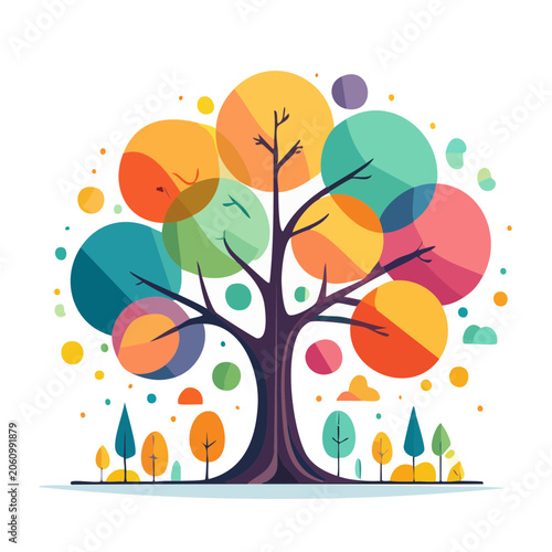 Abstract tree with colorful circles and small trees