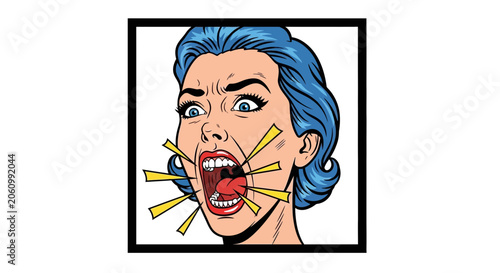 Woman screaming in anger, pop art style, comic book illustration, blue hair, dramatic expression