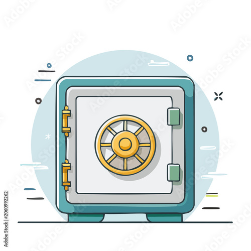 Illustration of a teal and yellow safe with a circular dial