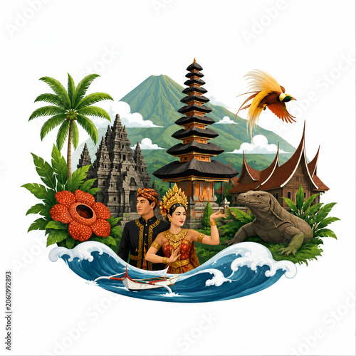Indonesian Nature and Culture Vector Landscape with Volcano Temple Wildlife and Ocean Waves