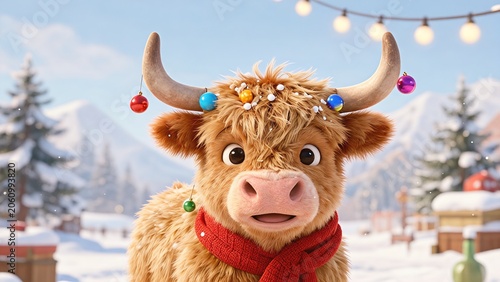 Cute Cartoon Highland Cow with Christmas Ornaments in Winter Landscape