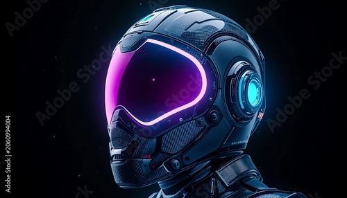 Futuristic Cyberpunk Astronaut Helmet with Glowing Neon Visor