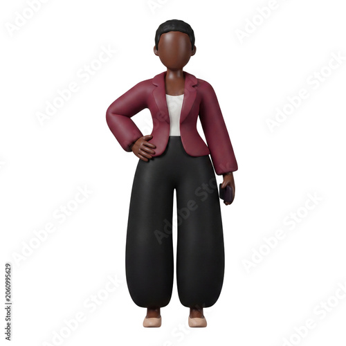 3D Claymorphism Faceless Black Female Small Business Owner Standing Confident Power Pose Holding Smartphone White Background