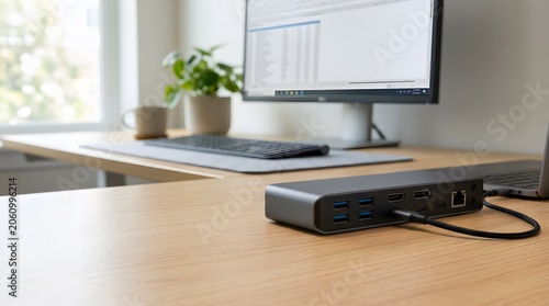 Professional USB C docking station connected to modern workstation supporting productivity and multi device connectivity
