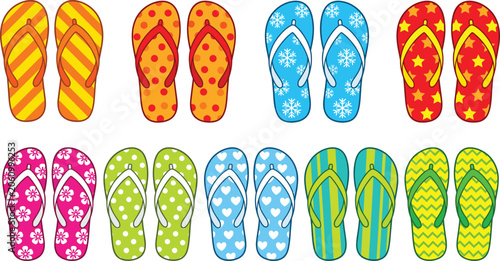 Colorful flip flops set, summer beach slippers with patterns vector illustration graphic elements