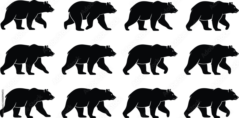 Fototapeta premium Walking bear silhouette set, abstract wild animal vector illustration elements for graphic design