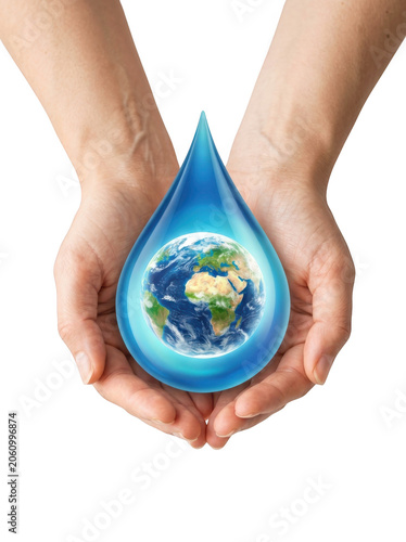 Hands holding Earth in a water drop, transparent background