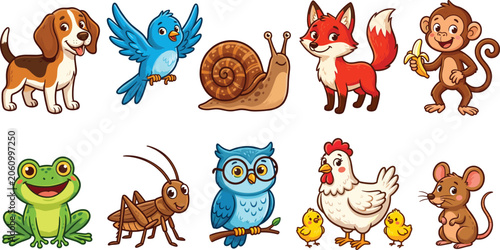 Cute cartoon animals and birds vector illustration set, funny wildlife characters collection on white background