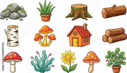 Forest nature and fairy tale vector element set, wood mushrooms house collection on white background