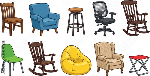 Different types of chairs vector illustration set, office and home furniture collection on white background