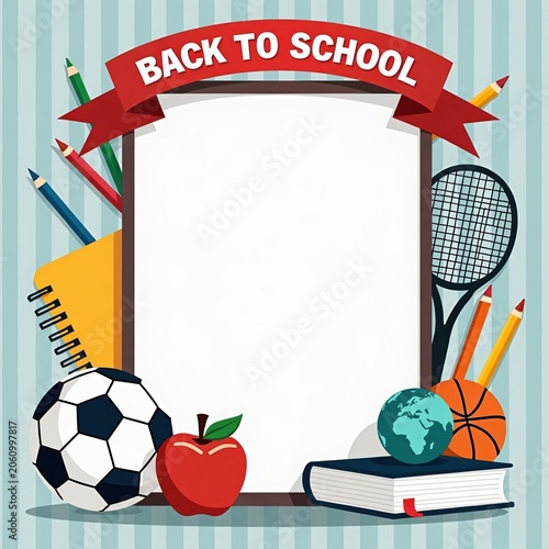Modern 3D Educational Background Featuring Basketballs and School Supplies